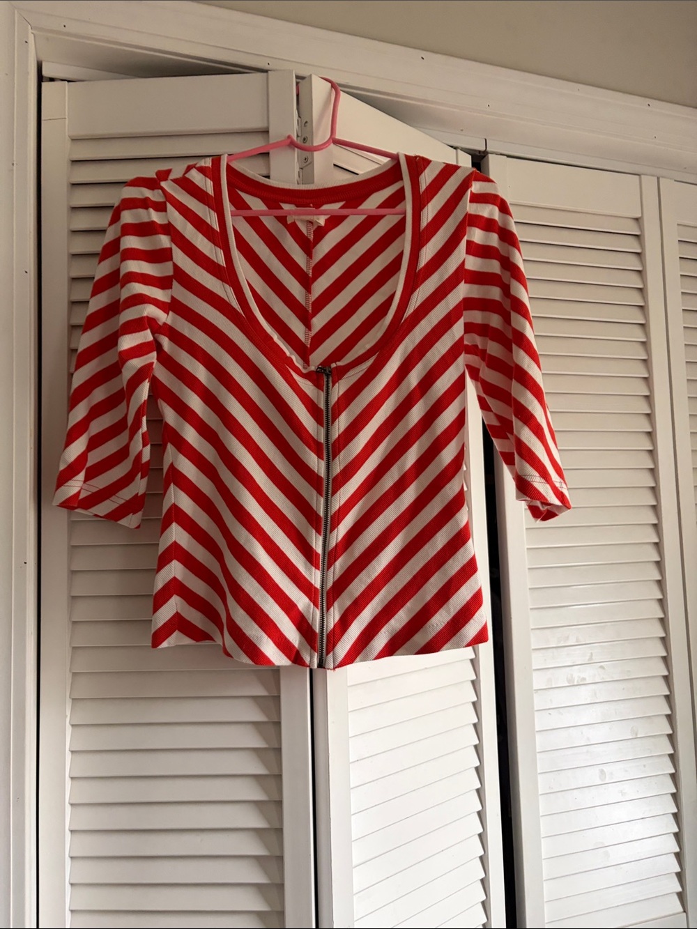 Maeve Red and White Diagonal Stripe Zip Front Top